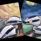 Zwei Illustrationen von Dachsen, links mit braunem Hintergrund und rechts mit blauem Himmel und grünem Boden.