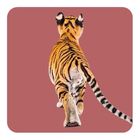 Kein Text vorhanden. Ein Tigerjunges von hinten auf einem rosa Hintergrund.