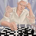 Text: Ritter der Schwerter.  
Ein Mann spielt Schach, hält eine Figur, ein Schachbrett vor sich; im Hintergrund ein Schwert.