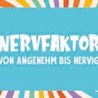 „NERVFAKTOR VON ANGENEHM BIS NERVIG“ auf blauem Hintergrund mit bunten Streifen im Hintergrund.