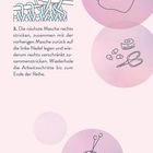 „3. Die nächste Masche rechts stricken [...] bis zum Ende der Reihe.“ Illustrationen von Strickmustern und Werkzeugen.