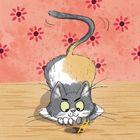 Illustration einer neugierigen Katze, die in ein Loch mit einer kleinen Leiter starrt. Hintergrund in Rot mit Blumenmuster.