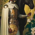 "Prinz der Münzen" steht am unteren Rand. Ein Ritter in Rüstung mit Pferd, Blumen umgeben ihn.