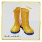 Text: „Gelb“ und „die Gummistiefel“. Zwei leuchtend gelbe Gummistiefel mit blauen Sohlen.
