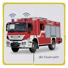 Text: "die Feuerwehr". Ein rotes Feuerwehrauto mit blauen Lichtern und einer gelben Umrandung.