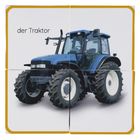 Text: "der Traktor". Ein blauer Traktor mit großen Rädern auf weißem Hintergrund.