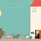 "Was ist neu?" in gelbem Kreis. Ein Mädchen hält Kuchen, Tiere stehen Schlange; Haus mit rotem Dach.