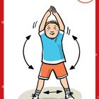 „Hampelmann“; Nummer 1 oben rechts. Illustration eines Kindes beim Hampelmann-Sprung in Sportkleidung.