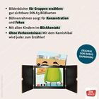 Text über Kamishibai-Vorteile. Unten ein offener Erzählrahmen mit einer Karte und einem grünen Wesen. Rechtes Logo: DON BOSCO.
