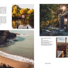 Links oben: Infos über den Ceredigion Coast Path und Aberaeron. Rechts: Hütte, Teich, Küstenbucht, zwei Badewannen im Freien.