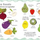Beschreibung "Garden foods", Illustrationen von Obst und Gemüse mit fröhlichen Gesichtern wie Paprika, Birne, Kiwi und mehr.