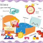 "Bedtime: Do you keep your room tidy?" zeigt Kind im Bett mit Teddybär, Pyjama, Wecker, Teleskop, und weiteren Objekten.