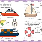 Titel: "On the shore". Hafen mit gekennzeichneten Objekten: Fischkutter, Segelboot, Kompass, Leuchtturm, Rettungsring.