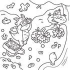 Ein Fantasy-Wesen mit Fernglas bei Vögeln. Offenes Buch im Rucksack liegt auf dem Boden. Vögel in einem Nest und fliegend.