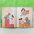 Text: "That's because my papi's hands do so much everywhere for so little of everything to make the world better for me." Illustration: Ein Mann und ein Mädchen bei handwerklichen Tätigkeiten.
