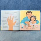 "Your Nails" beschreibt Nagelpflege mit Pfeilen auf Finger. Eine Illustration zeigt Vater und Kind bei der Nagelpflege.