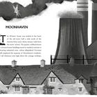 "MOONHAVEN" steht über einem Text. Illustration zeigt ein Dorf mit Schornsteinen über kleinen Häusern; zwei Personen gehen.