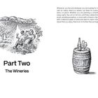 "Part Two: The Wineries" steht unter einem Bild mit zwei Personen, die Wein in einem Weinberg genießen. Rechts ein Fass mit Gläsern.