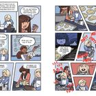 Ein Comic zeigt eine Backstunde mit zwei Mädchen. Eines ist überfordert, da es chaotisch zugeht. Texte: „Oh, you got baking powder...“, „Grab your one cup of flour.“, „Ugh, this is no problem for everyone else!“