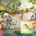 Eine Illustration mit Affen, die Freude zeigen. Text: "This place is amazing!", "Let's crown the monkey...", "LONG LIVE THE KING!".