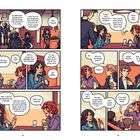 Comic-Szene mit vier Personen in einem Restaurant. Sie sprechen über Hebert Dalton und Persönliches. Getränke auf dem Tisch.