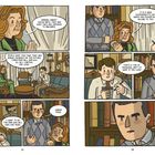 Comic mit drei Personen in einem Wohnzimmer. Sie diskutieren über Menschen, Maschinen und Druck. Bücher im Hintergrund.