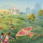 "Nobody rode the unicycle." Kinder fliegen Drachen auf einer Wiese, bunte Ballons, Menschen spazieren und spielen, Stadt in Ferne.