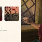 „Let them finish their stories,“ spricht sie zu Sorrow. Eine Frau in rotem Tuch schaut aus dem Fenster. Illustrationen zeigen ihre Hände, Gesicht und einen Vogel.