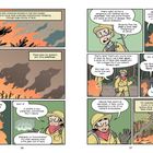 Comic-Panels mit Waldbränden. Figuren diskutieren über die Gefahren und die natürliche Rolle von Waldbränden.