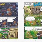 Comic: Links fliehen Tiere vor Pfeilen und einer Statue. Rechts laufen sie in einen Wald. Dialoge drücken Panik aus.