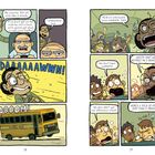 Eine Comic-Illustration zeigt chaotische Szenen in einem Schulbus ohne Sicherheitsgurte. Schüler sind erschrocken.