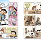 Zwei Freunde in Schuluniform reden über Comics und Freundschaft. Sie zeichnen, spielen Rad, musizieren und zocken zusammen.