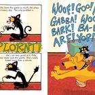 Eine Comic-Katze spielt begeistert ein Videospiel. Geräusche wie "SPLORNT!" und Hundebellen "WOOF!" sind laut dargestellt.