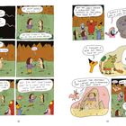 Comic-Zeichnung mit Figuren, die über eine Prophezeiung sprechen. Eine Frau hebt eine Münze auf und diskutiert mit Fabelwesen.