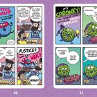 Zwei Seiten einer Comic-Geschichte. Links: "JUSTICE DONUT", Gespräch über teure Donuts. Rechts: "IT'S SPRONKY!", Donut klebt Batterien an Wurst.
