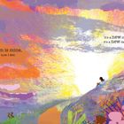 Texte: "Oh freedom is mine, and I know how I feel." und "It's a new dawn, it's a new day...". Illustration: Bunte Landschaft mit Rehen.