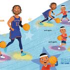 Ein kleiner Junge und ein Basketballspieler dribbeln und üben intensiv. Texte motivieren zum Dribbeln mit Ausdauer.