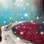 Text: "Sometimes at twilight, in indigo skies, animals gather to play with fireflies." Illustration: Bär mit Katze, Hund auf Waldweg.