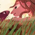 Text: "A furry head poking out of a hole or." Illustration: Ein Tier und ein Mensch sehen sich in einer grasbewachsenen Umgebung an.
