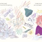 Texte: "How does everyone else make it look so easy?", "It makes me want to cry.", "I wish Eli was here." 

Kind mit roten Haaren vor kritisch schauender Kritzelei. Мультик – ребёнок перед бумагой и горой скомканных листов.