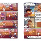 Comic mit humorvollen Dialogen, eine Figur tritt auf Toilettenpapier aus. Türknallen und ironische Kommentare.