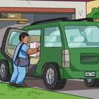 Nummernschild: „ABC 2755“. Eine Illustration zeigt jemanden, der ein Paket in ein grünes Auto lädt.