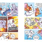 Zwei Mäuse und ein Hund interagieren in einem Comic. Eine Maus atmet Feuer aus, die andere warnt vor der Hitze.