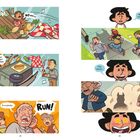 „Noooo!“, „MY HOT DOGS!“, „No way...“, „The movie...“, „Everybody, RUN!“, „...it's real!“ Illustrationen zeigen Chaos und flüchtende Menschen.