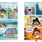 Gespräche über Drehortsuche, Karte, Bauarbeiten und Überraschung. Kind beeindruckt, alles wirkt verändert. Comic-Stil.