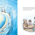 Zwei Szenen mit Eis und Menschen in dicker Kleidung. Text über Respekt und Verbundenheit zur Arktis.