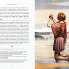 "The Odyssey" steht oben. Links ist ein Text mit erzählerischen Details. Rechts kniet eine Person am Strand und betet zum Himmel.