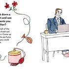 Links ein Text über Düfte, rechts über Hausschuhe. Illustration: Person im Anzug am Schreibtisch, trägt flauschige Schuhe.