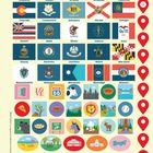 Text: "START", "END", "Alabama", "Alaska", "Arizona", "Arkansas" und weitere US-Bundesstaaten. Flaggen und Symbole.