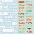 Links wiederholt sich "THE SOUTH" in verschiedenen Schriftarten. Rechts sind bunte Sticker mit US-Staatennamen.